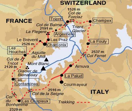 mapa tour mont blanc